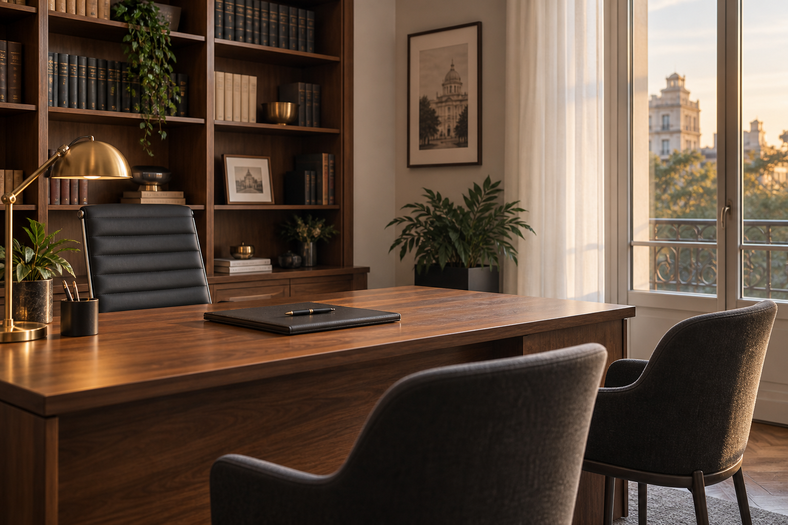 Oficina con escritorio de madera, biblioteca y luz natural.